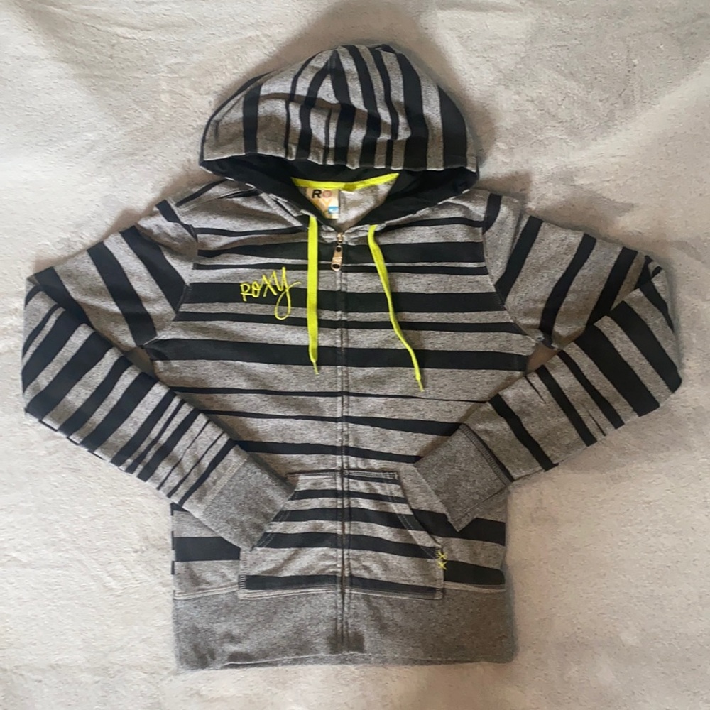Roxy Gray & Black Striped Hooded Zip-Up Size M